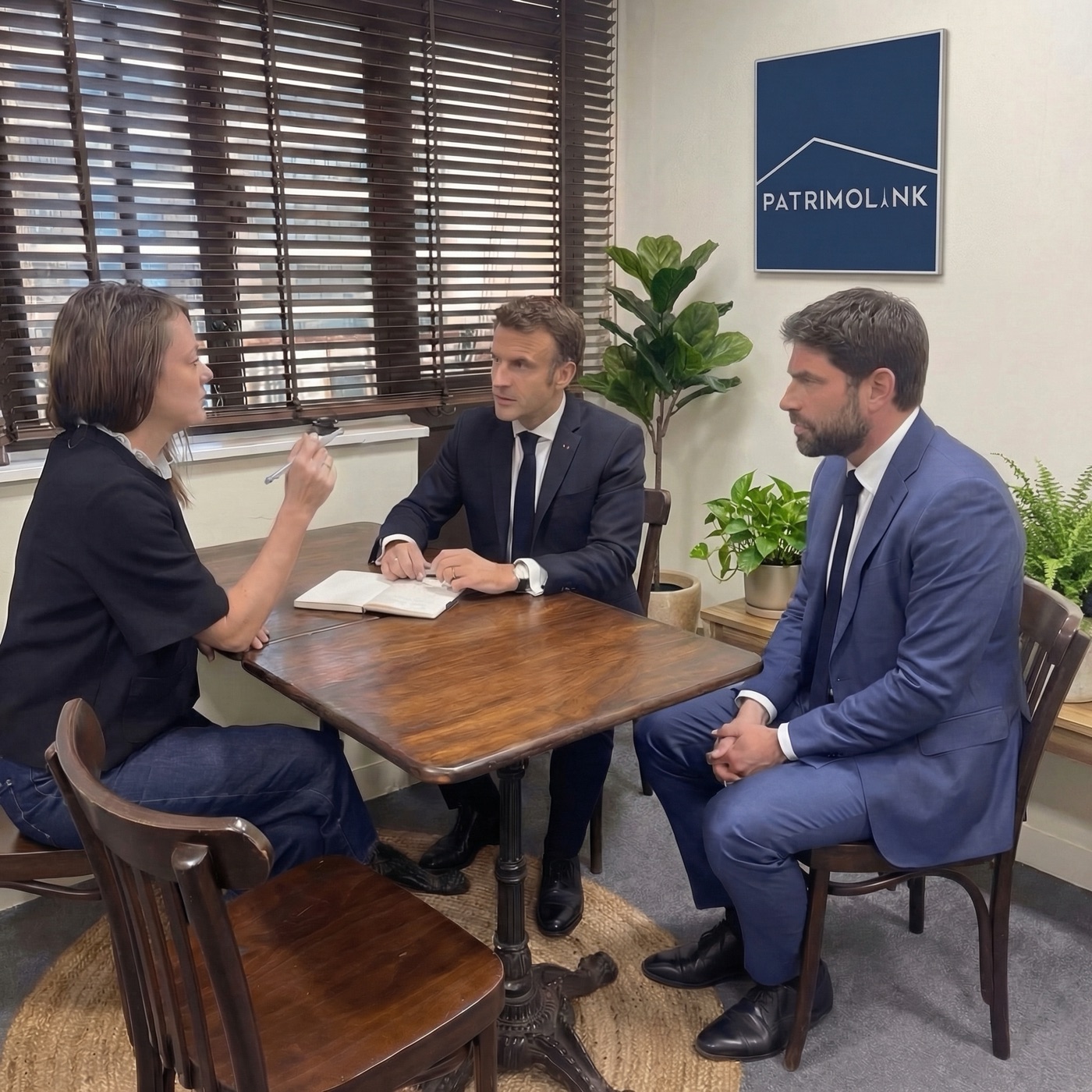 Montage créé avec l'IA pour le poisson d'avril de Patrimolink : Emmanuel Macron et le ministre du Logement en rendez-vous dans les bureaux